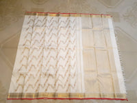 3Gram Pure Zari Kanjivaram Silk Saree in Half White with Chilli Red Border & Gold Zari Floral Parrot Motifs | Silkmark Certified