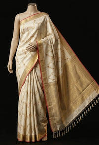 3Gram Pure Zari Kanjivaram Silk Saree in Half White with Chilli Red Border & Gold Zari Floral Parrot Motifs | Silkmark Certified