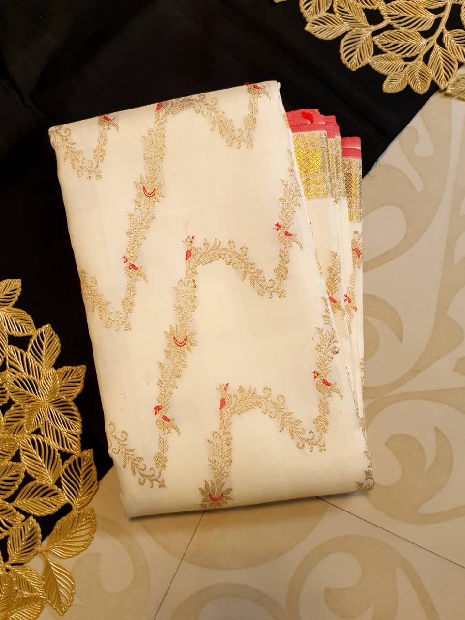 3Gram Pure Zari Kanjivaram Silk Saree in Half White with Chilli Red Border & Gold Zari Floral Parrot Motifs | Silkmark Certified