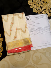 3Gram Pure Zari Kanjivaram Silk Saree in Half White with Chilli Red Border & Gold Zari Floral Parrot Motifs | Silkmark Certified