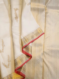 3Gram Pure Zari Kanjivaram Silk Saree in Half White with Chilli Red Border & Gold Zari Floral Parrot Motifs | Silkmark Certified