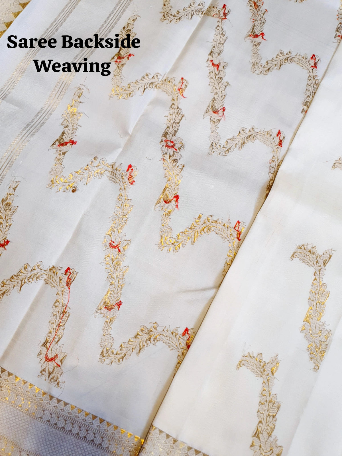 3Gram Pure Zari Kanjivaram Silk Saree in Half White with Chilli Red Border & Gold Zari Floral Parrot Motifs | Silkmark Certified