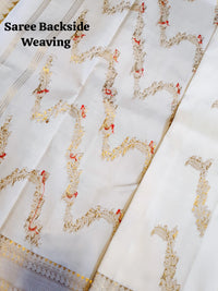 3Gram Pure Zari Kanjivaram Silk Saree in Half White with Chilli Red Border & Gold Zari Floral Parrot Motifs | Silkmark Certified