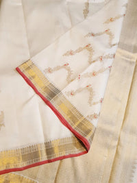 3Gram Pure Zari Kanjivaram Silk Saree in Half White with Chilli Red Border & Gold Zari Floral Parrot Motifs | Silkmark Certified