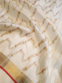 3Gram Pure Zari Kanjivaram Silk Saree in Half White with Chilli Red Border & Gold Zari Floral Parrot Motifs | Silkmark Certified