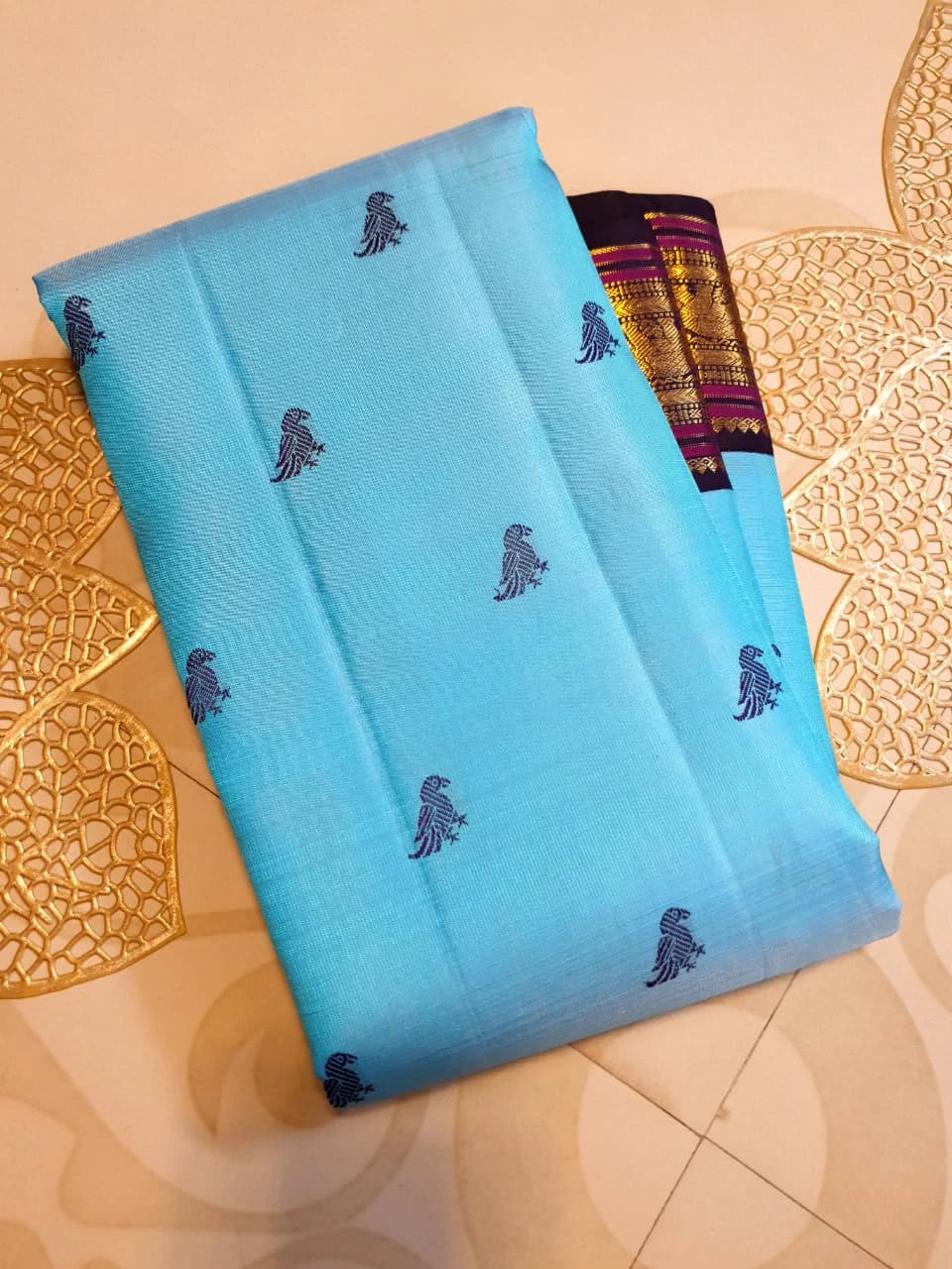 3Gram Pure Zari Kanjivaram Silk Saree in Light Ananda Blue with Rich Gold Zari Peacock Border & Traditional Broad Pallu | Silkmark Certified
