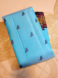 3Gram Pure Zari Kanjivaram Silk Saree in Light Ananda Blue with Rich Gold Zari Peacock Border & Traditional Broad Pallu | Silkmark Certified