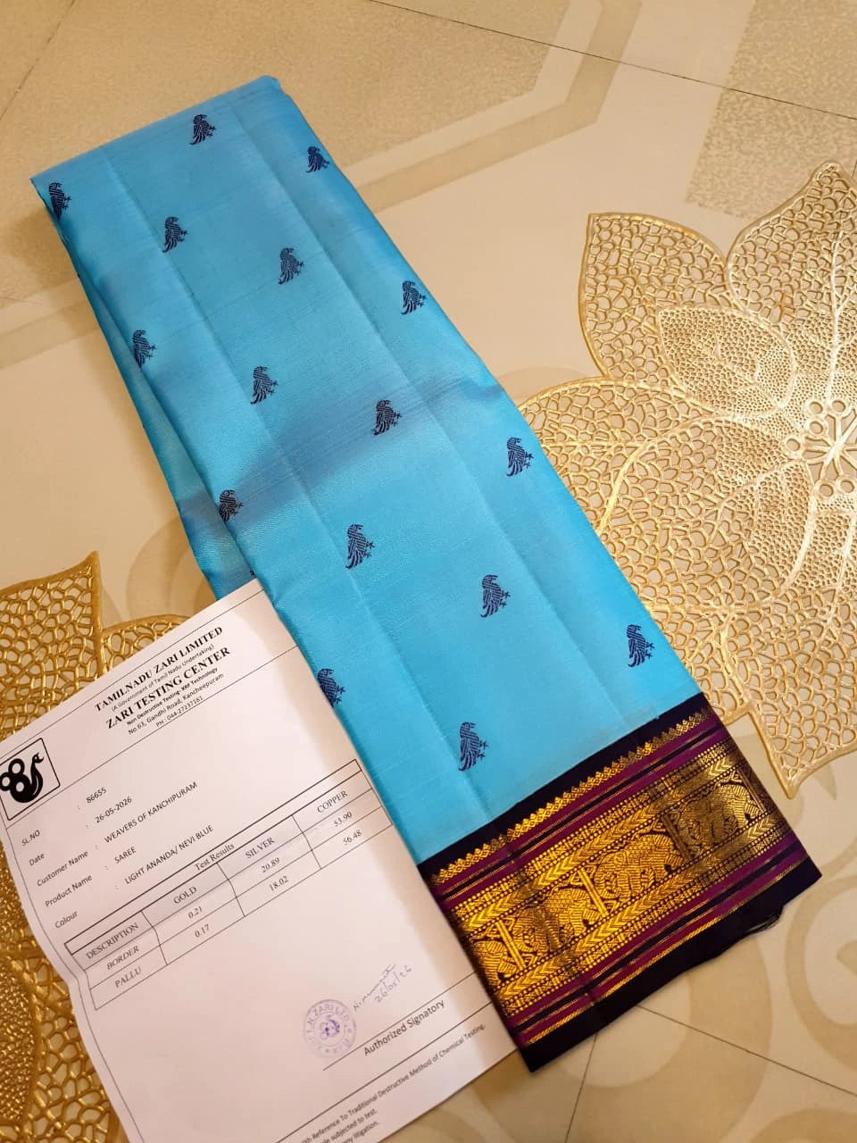 3Gram Pure Zari Kanjivaram Silk Saree in Light Ananda Blue with Rich Gold Zari Peacock Border & Traditional Broad Pallu | Silkmark Certified