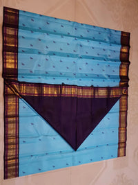 3Gram Pure Zari Kanjivaram Silk Saree in Light Ananda Blue with Rich Gold Zari Peacock Border & Traditional Broad Pallu | Silkmark Certified