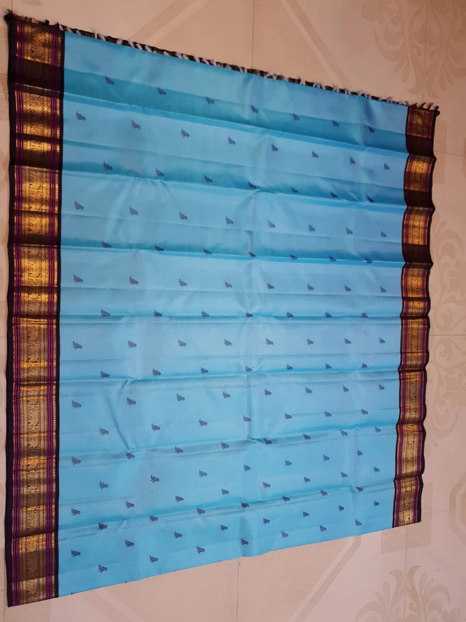 3Gram Pure Zari Kanjivaram Silk Saree in Light Ananda Blue with Rich Gold Zari Peacock Border & Traditional Broad Pallu | Silkmark Certified