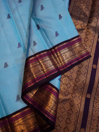3Gram Pure Zari Kanjivaram Silk Saree in Light Ananda Blue with Rich Gold Zari Peacock Border & Traditional Broad Pallu | Silkmark Certified
