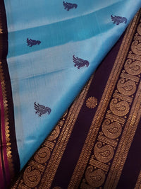 3Gram Pure Zari Kanjivaram Silk Saree in Light Ananda Blue with Rich Gold Zari Peacock Border & Traditional Broad Pallu | Silkmark Certified