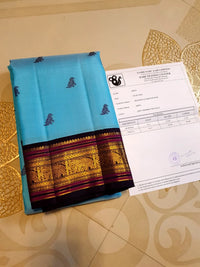 3Gram Pure Zari Kanjivaram Silk Saree in Light Ananda Blue with Rich Gold Zari Peacock Border & Traditional Broad Pallu | Silkmark Certified