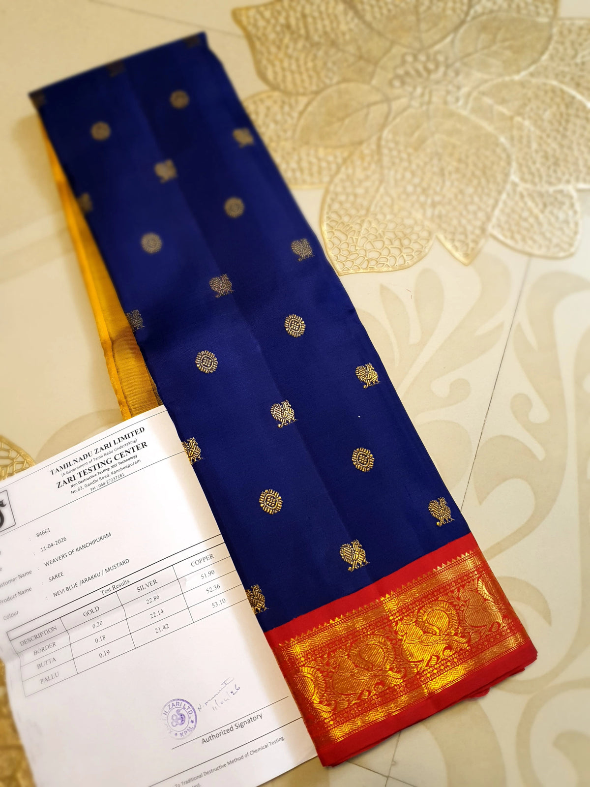 3 Gram Pure Zari Kanjivaram Silk Saree in Navy Blue with Double Zari Rich Pallu | Silkmark Certified