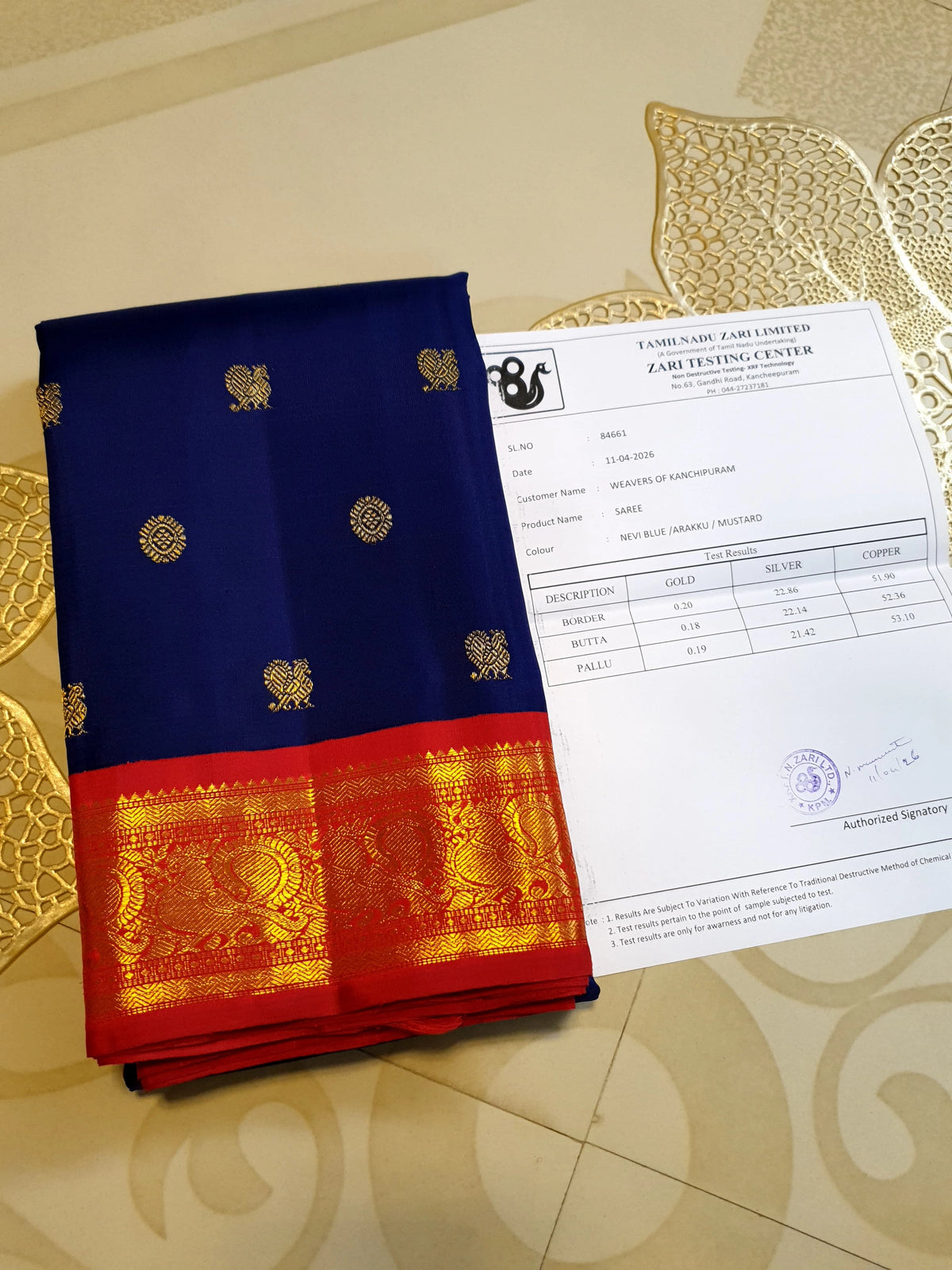 3 Gram Pure Zari Kanjivaram Silk Saree in Navy Blue with Double Zari Rich Pallu | Silkmark Certified