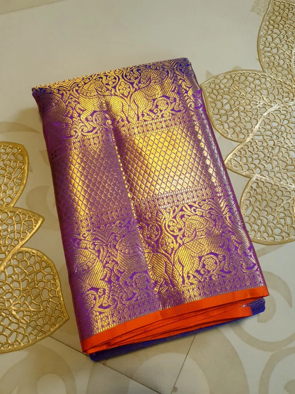 2G Pure Zari Kanjivaram Silk Saree in Rich Purple with Antique Gold Floral Jaal, Grand Zari Border & Orange Selvedge | Silkmark Certified