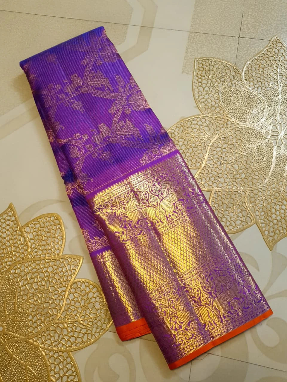 2G Pure Zari Kanjivaram Silk Saree in Rich Purple with Antique Gold Floral Jaal, Grand Zari Border & Orange Selvedge | Silkmark Certified
