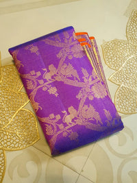 2G Pure Zari Kanjivaram Silk Saree in Rich Purple with Antique Gold Floral Jaal, Grand Zari Border & Orange Selvedge | Silkmark Certified