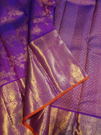 2G Pure Zari Kanjivaram Silk Saree in Rich Purple with Antique Gold Floral Jaal, Grand Zari Border & Orange Selvedge | Silkmark Certified