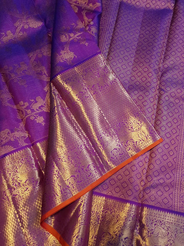 2G Pure Zari Kanjivaram Silk Saree in Rich Purple with Antique Gold Floral Jaal, Grand Zari Border & Orange Selvedge | Silkmark Certified