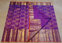 2G Pure Zari Kanjivaram Silk Saree in Rich Purple with Antique Gold Floral Jaal, Grand Zari Border & Orange Selvedge | Silkmark Certified