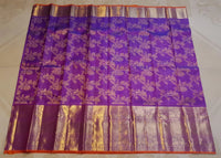 2G Pure Zari Kanjivaram Silk Saree in Rich Purple with Antique Gold Floral Jaal, Grand Zari Border & Orange Selvedge | Silkmark Certified