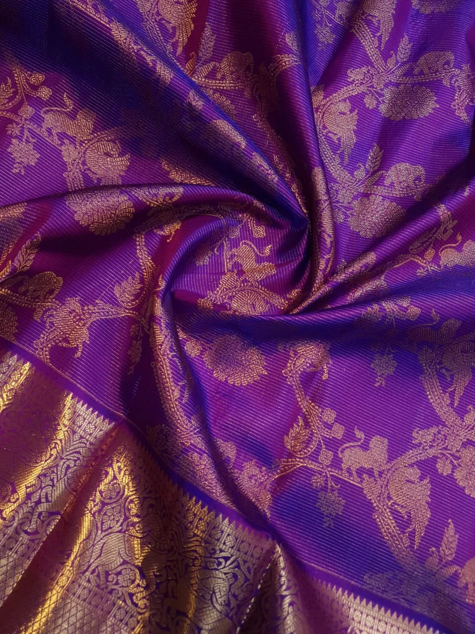 2G Pure Zari Kanjivaram Silk Saree in Rich Purple with Antique Gold Floral Jaal, Grand Zari Border & Orange Selvedge | Silkmark Certified