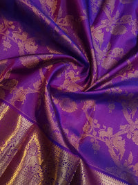 2G Pure Zari Kanjivaram Silk Saree in Rich Purple with Antique Gold Floral Jaal, Grand Zari Border & Orange Selvedge | Silkmark Certified