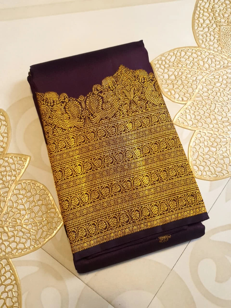 2G Pure Kanjivaram Silk Saree in Deep Wine Purple with Rich Gold Zari Floral Border & Traditional Butta | Silkmark Certified