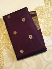 2G Pure Kanjivaram Silk Saree in Deep Wine Purple with Rich Gold Zari Floral Border & Traditional Butta | Silkmark Certified