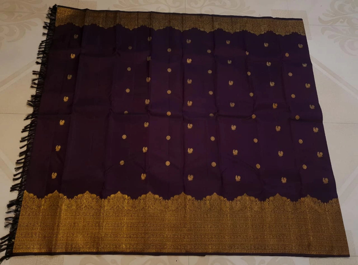 2G Pure Kanjivaram Silk Saree in Deep Wine Purple with Rich Gold Zari Floral Border & Traditional Butta | Silkmark Certified