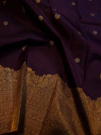 2G Pure Kanjivaram Silk Saree in Deep Wine Purple with Rich Gold Zari Floral Border & Traditional Butta | Silkmark Certified