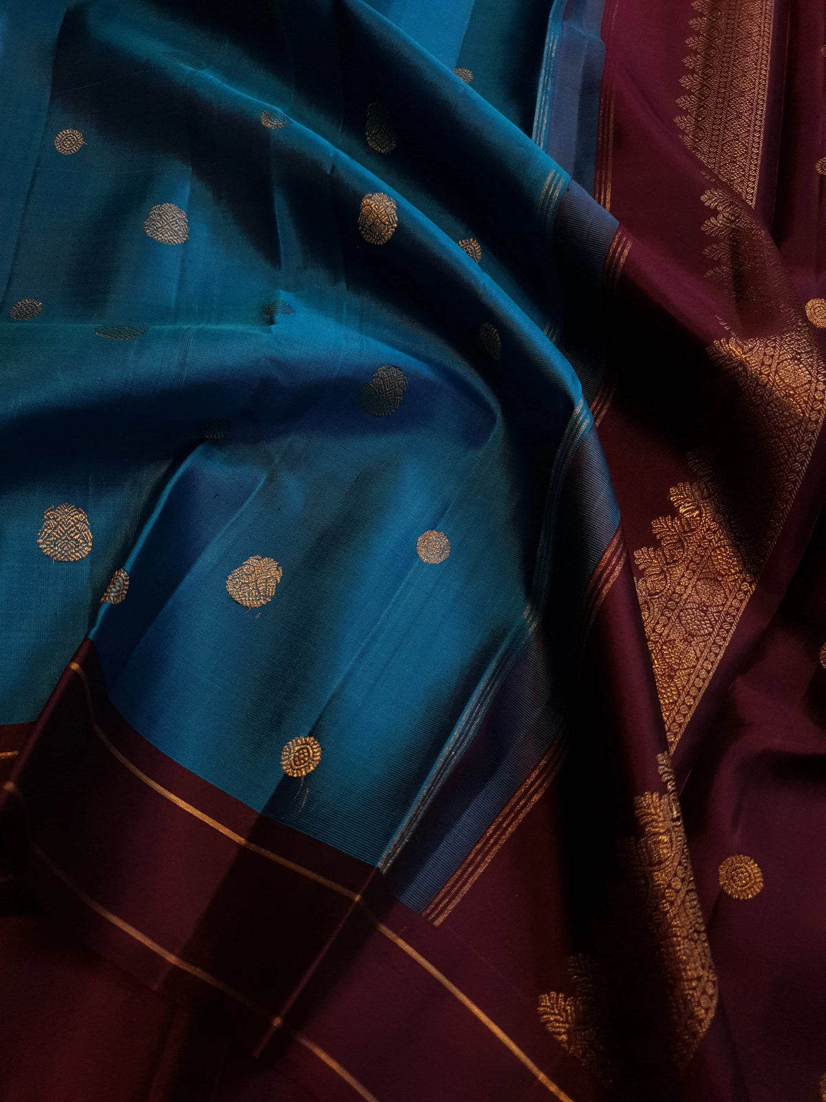3G Pure Zari Teal Blue & Maroon Pure Kanjivaram Silk Saree | SILKMARK CERTIFIED