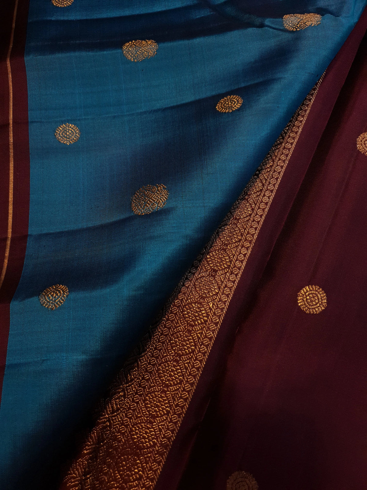3G Pure Zari Teal Blue & Maroon Pure Kanjivaram Silk Saree | SILKMARK CERTIFIED