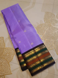 2G Pure Korvai Kanjivaram Silk Saree in Purple with Black & Gold Zari Elephant Border & Peacock Butta | Prahla Silks