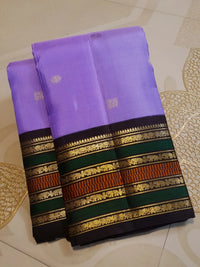 2G Pure Korvai Kanjivaram Silk Saree in Purple with Black & Gold Zari Elephant Border & Peacock Butta | Prahla Silks