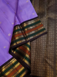 2G Pure Korvai Kanjivaram Silk Saree in Purple with Black & Gold Zari Elephant Border & Peacock Butta | Prahla Silks
