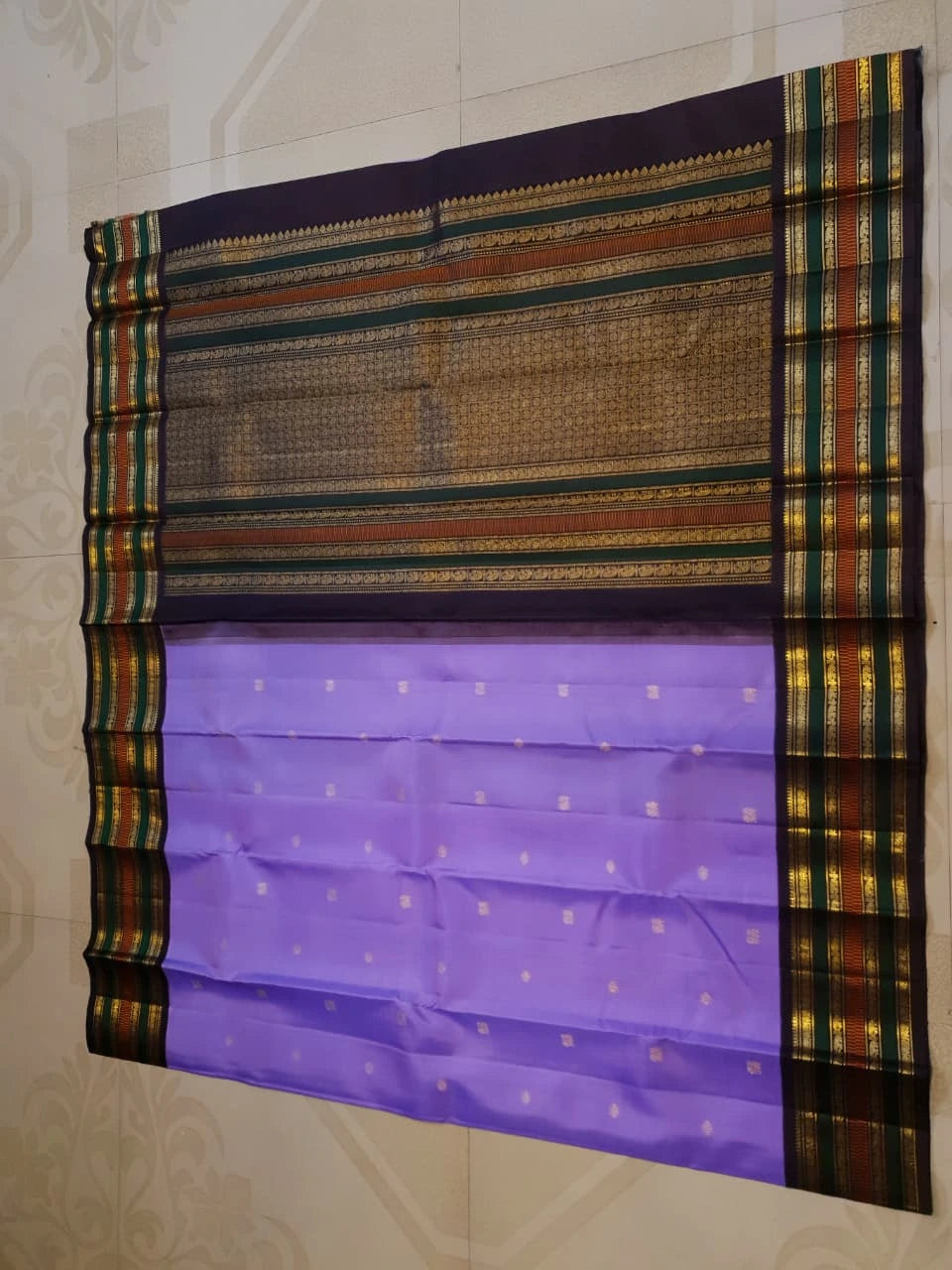 2G Pure Korvai Kanjivaram Silk Saree in Purple with Black & Gold Zari Elephant Border & Peacock Butta | Prahla Silks