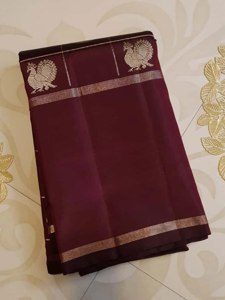 2G Pure Kanjivaram Silk Saree Dark Maroon with Antique Gold Zari Peacock Buttas | Prahla Silks