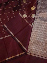 2G Pure Kanjivaram Silk Saree Dark Maroon with Antique Gold Zari Peacock Buttas | Prahla Silks