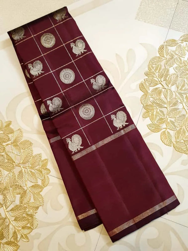 2G Pure Kanjivaram Silk Saree Dark Maroon with Antique Gold Zari Peacock Buttas | Prahla Silks