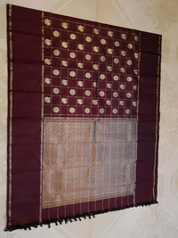 2G Pure Kanjivaram Silk Saree Dark Maroon with Antique Gold Zari Peacock Buttas | Prahla Silks