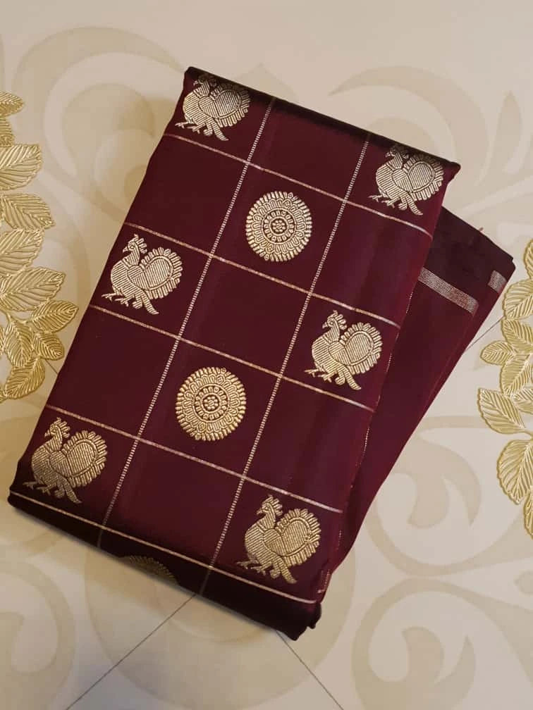 2G Pure Kanjivaram Silk Saree Dark Maroon with Antique Gold Zari Peacock Buttas | Prahla Silks