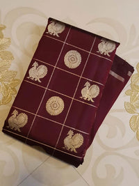 2G Pure Kanjivaram Silk Saree Dark Maroon with Antique Gold Zari Peacock Buttas | Prahla Silks