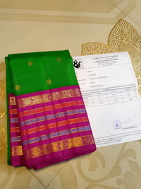 3G Pure Kanjipuram Silk Saree Parrot Green with Rani Pink Border & Gold Buttas | Prahla Silks