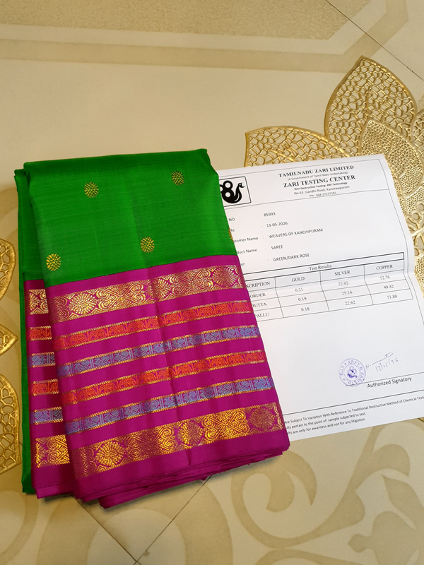3G Pure Kanjipuram Silk Saree Parrot Green with Rani Pink Border & Gold Buttas | Prahla Silks