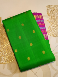 3G Pure Kanjipuram Silk Saree Parrot Green with Rani Pink Border & Gold Buttas | Prahla Silks