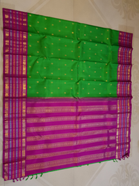 3G Pure Kanjipuram Silk Saree Parrot Green with Rani Pink Border & Gold Buttas | Prahla Silks