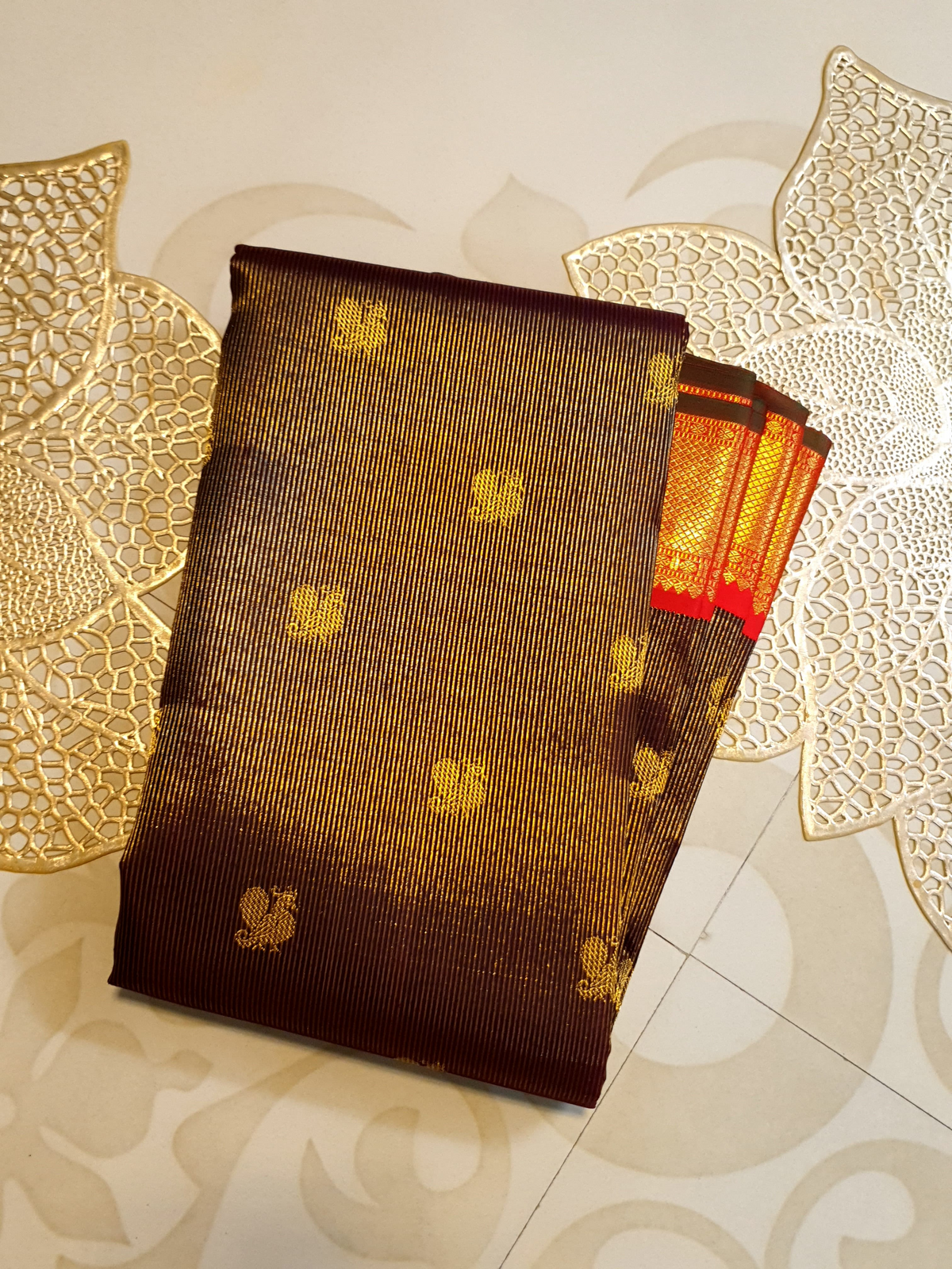 3G Korvai Pure Kanjivaram Silk Saree Brown Red Chilli Border | Bridal Silk Saree