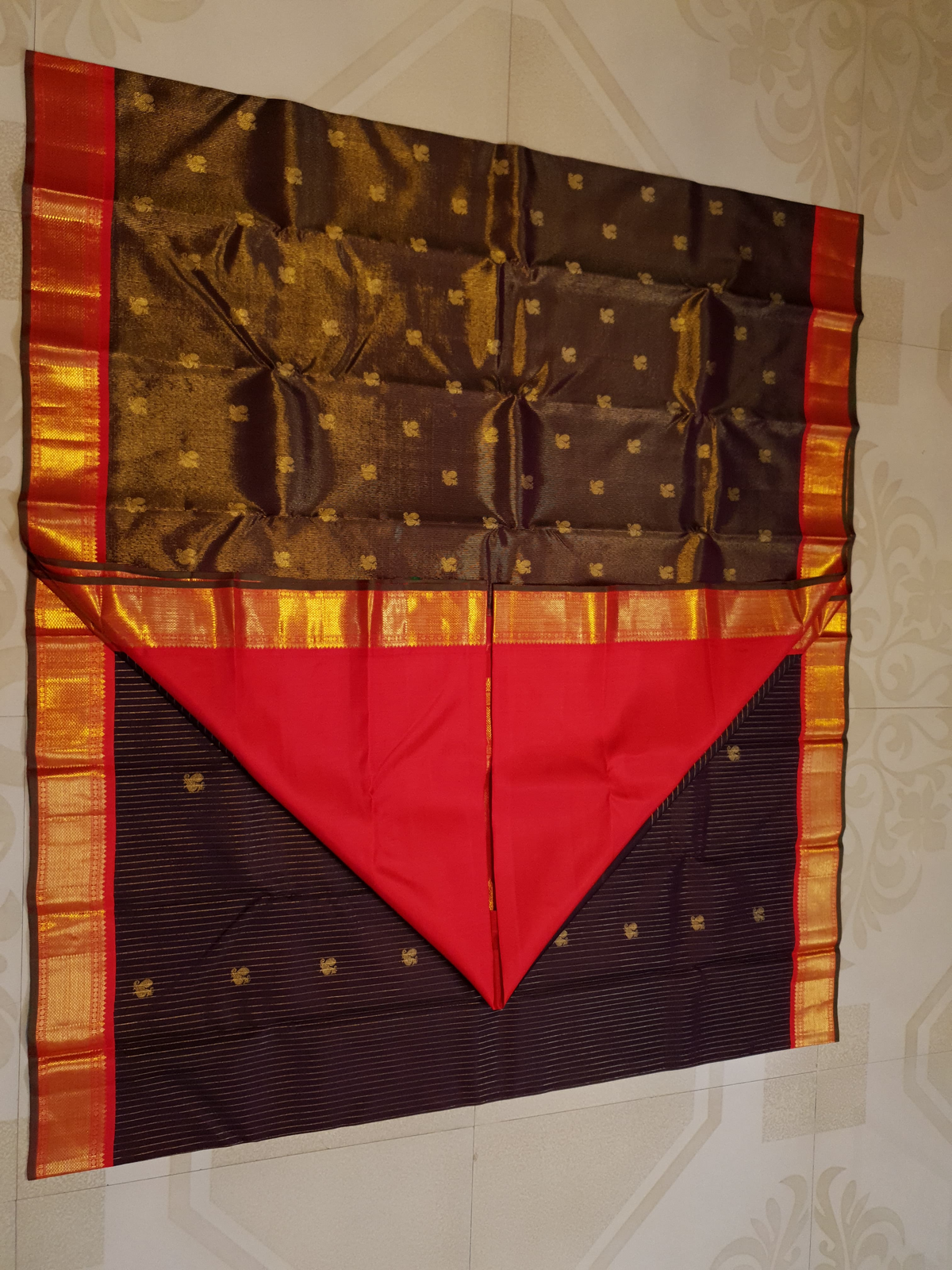 3G Korvai Pure Kanjivaram Silk Saree Brown Red Chilli Border | Bridal Silk Saree